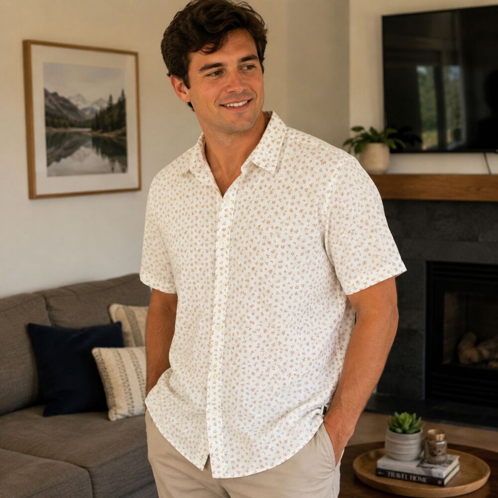 Michael Kors Mens Size Medium Slim Fit Shirt White Tan Abstract Print Casual